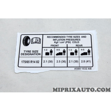Etiquette autocollante gonflage roue Ford original OEM 1721593 AS691532AB 